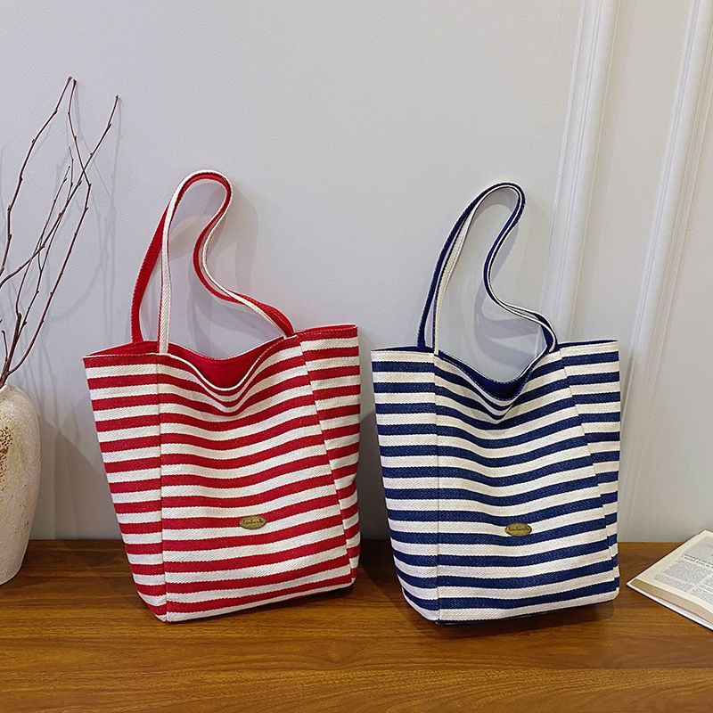 Sac fourre-tout tendance et décontracté en toile rayée double face, style coréen, simple, polyvalent, grande capacité, printemps été_voghion.com