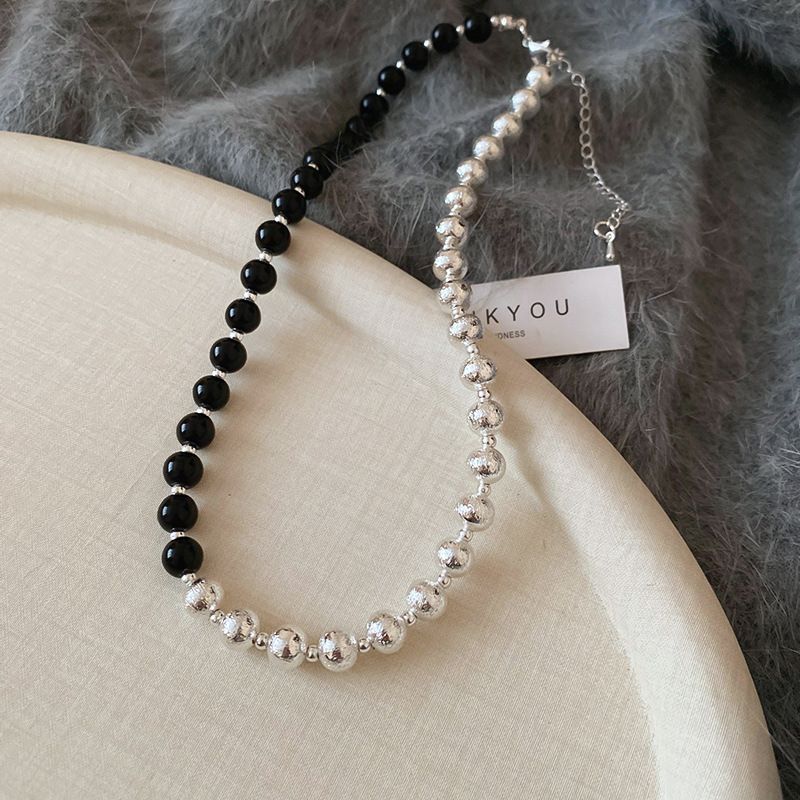 Parel patchwork geborstelde ronde kralenketting met trendy design voor dames, sleutelbeenketting, eenvoudige en veelzijdige accessoires_voghion.com