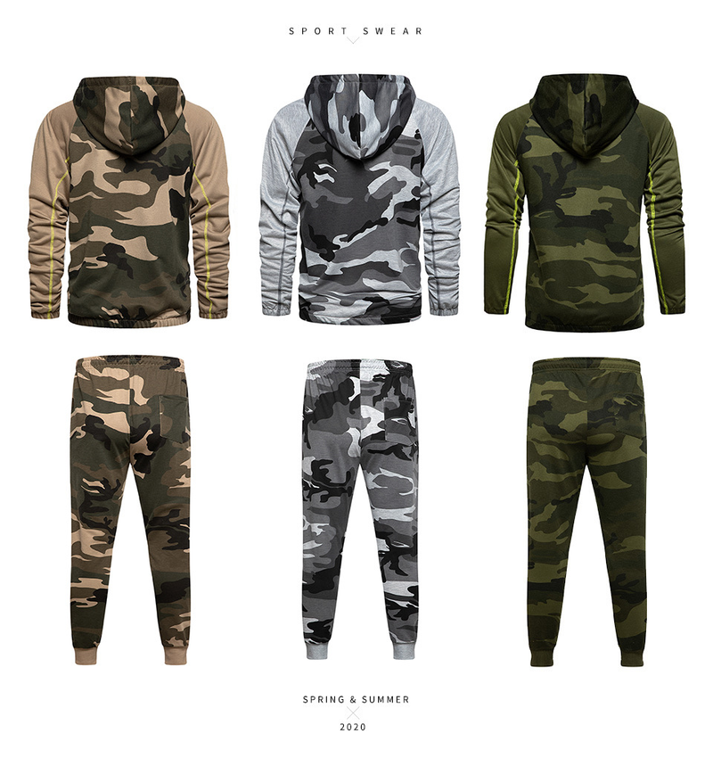 Vêtements pour hommes grande taille costume de sport décontracté pour hommes costume deux pièces costume cardigan camouflage à capuche épissé pour hommes_voghion.com