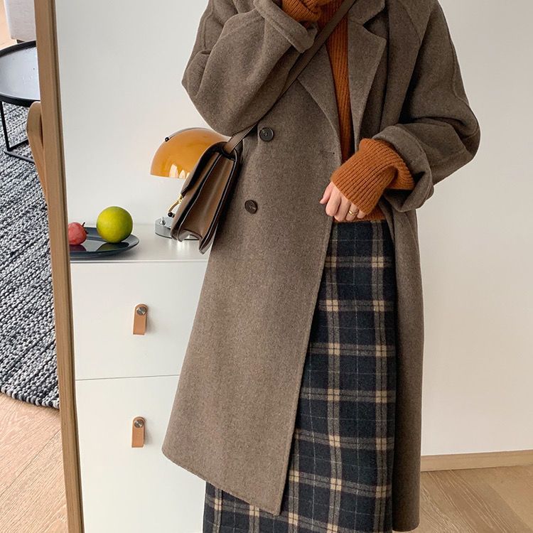 Damen Mantel aus Wollmischung, lang, übergroßer Trenchcoat mit Doppelreiher für Herbst und Winter, lässig, elegant in Haferflocken, Schwarz, Mokka, Rot, Grau_voghion.com