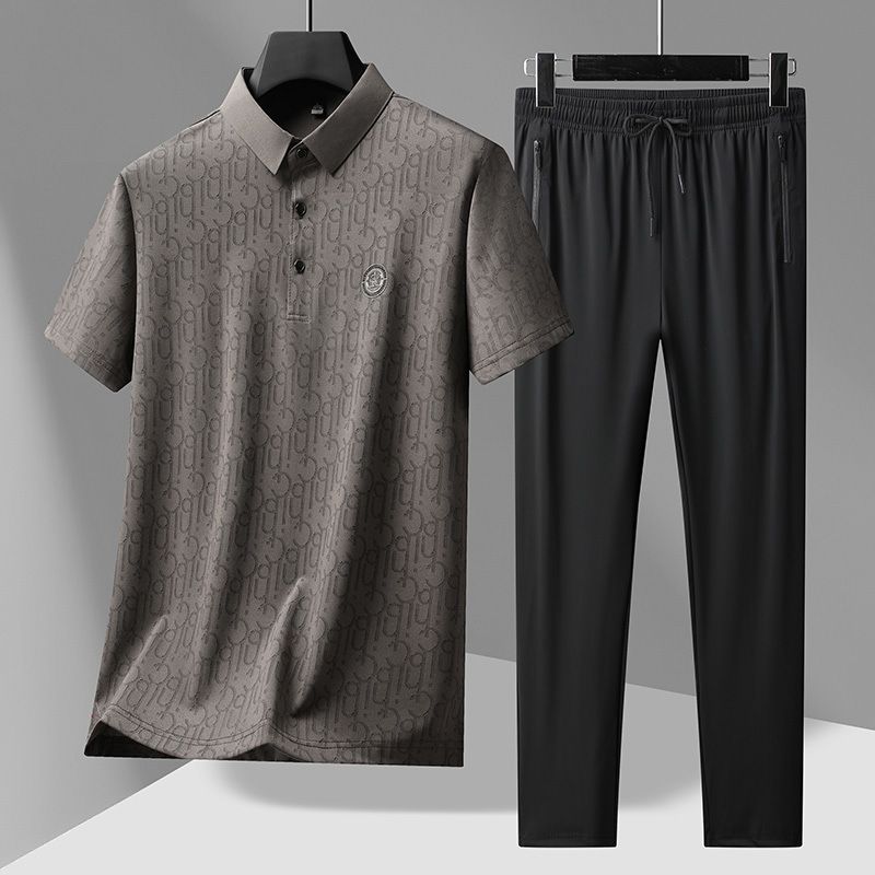 Unbeatable Quality Dad Dress Set 2024 New Short Sleeved T-shirt Middle Aged And Elderly Men's Summer Ice Silk Long Pants_voghion.com
