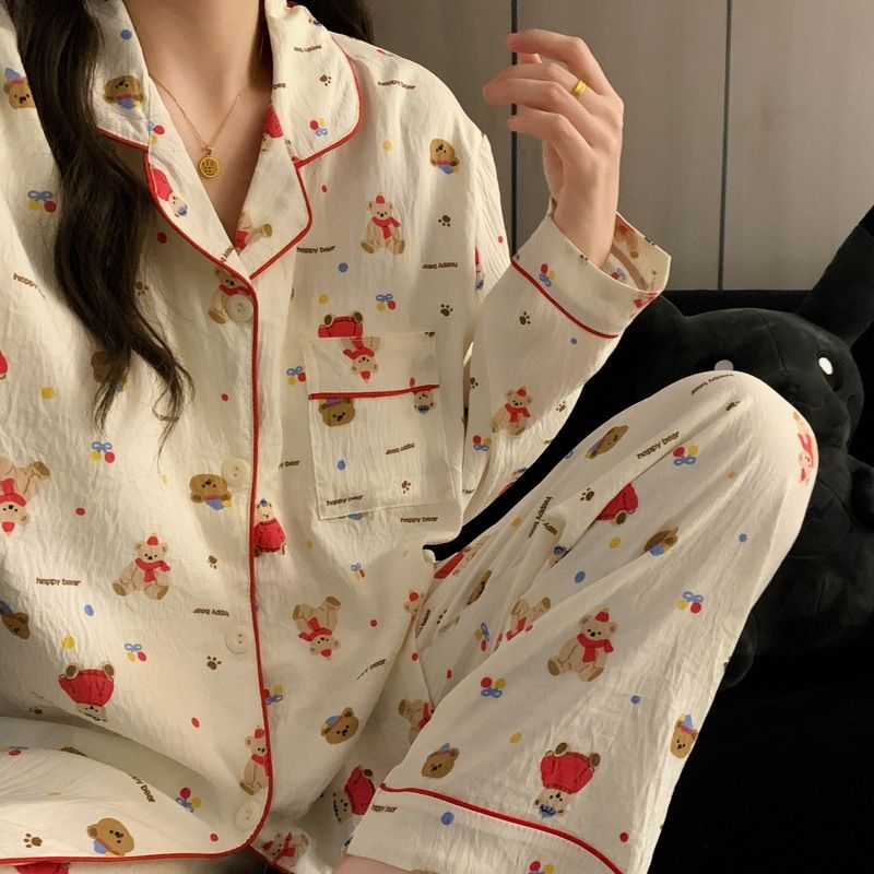 【 Cloud Cotton 】 Wave Point Little Bear Große Größe Nachtwäsche Frühling und Herbst Ärmel Lange Hosen für Mädchen Home Two_voghion.com