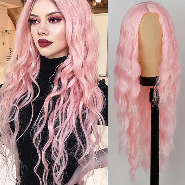Peluca sintética bigotes de maíz rizo de lana ondas pequeñas pelo rizado diadema de fibra sintética centro dividido conjunto de pelo largo_voghion.com