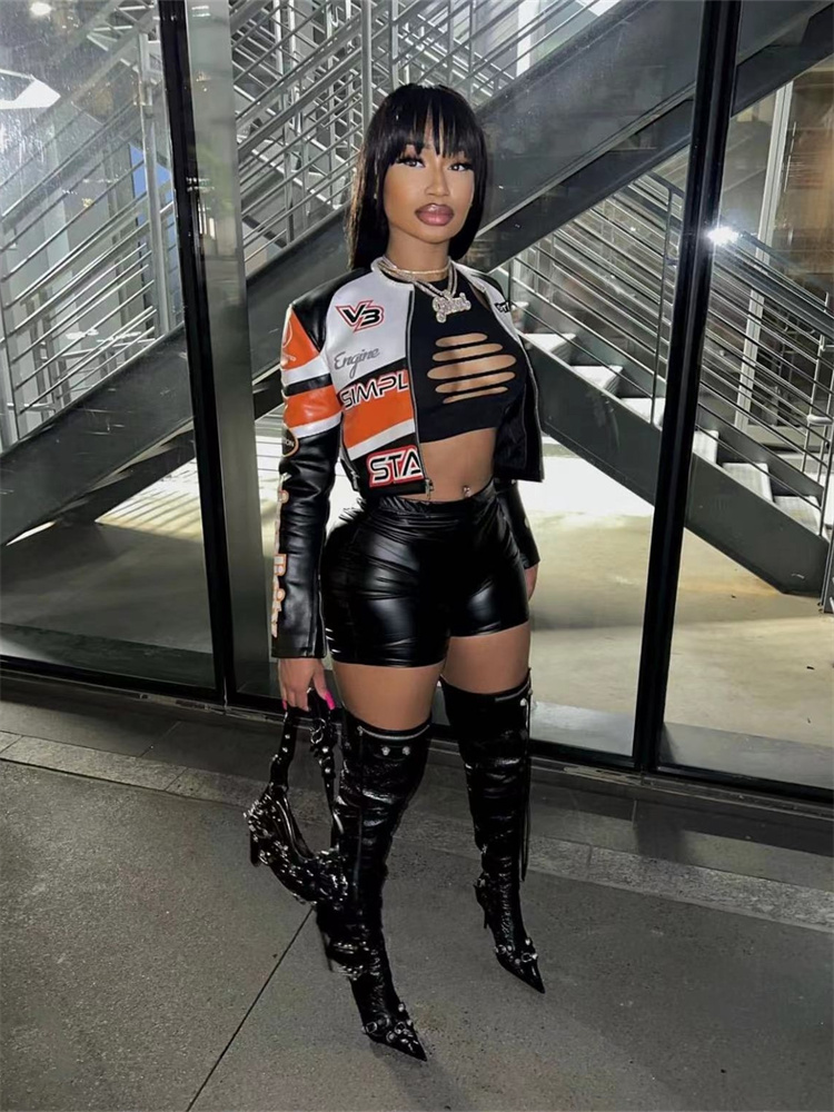 Laranja moda jaqueta streetwear casual zip up jaqueta para mulher 2023 retalhos colheita topos moda jaquetas tendência casacos_voghion.com