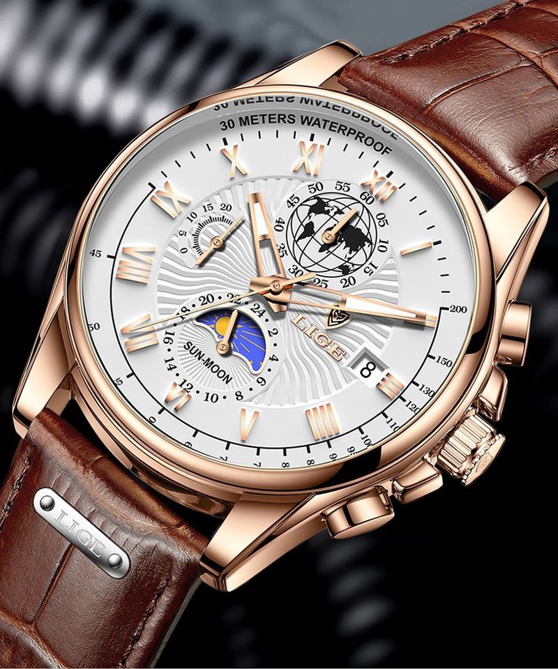Wasserdichter Chronograph für Herren mit Mondphase und Lederarmband – Elegante Quarzuhr für Business und Freizeit_voghion.com