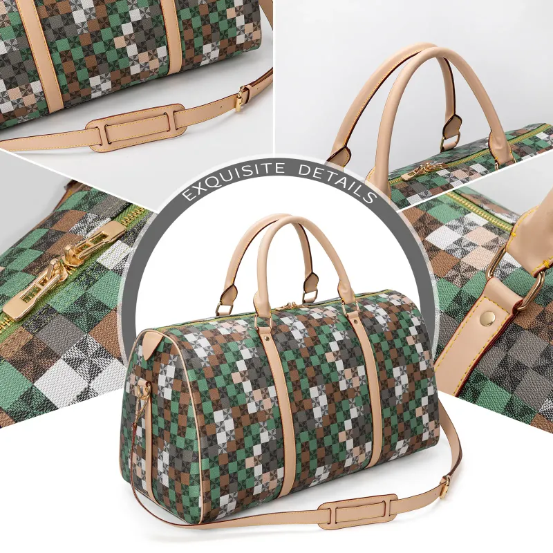 Designer Bag Free Shipping Geometric Checkered Duffle Bag With Adjustable Strap And Top Handles_voghion.com