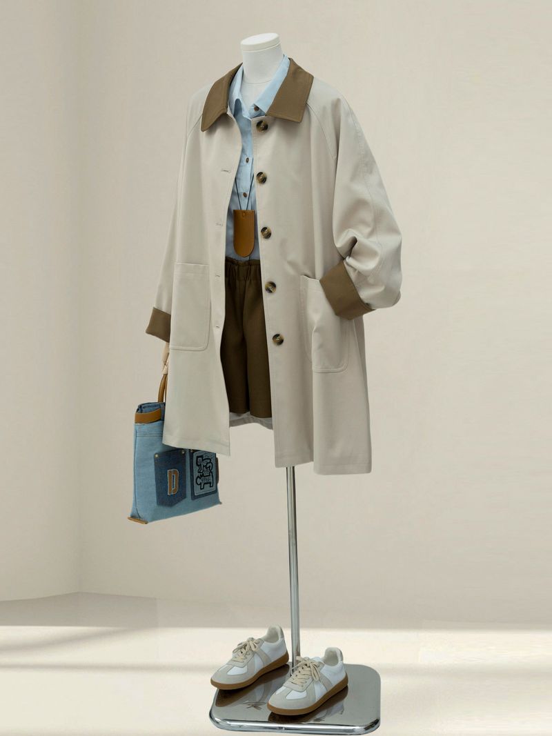 Trench color-block di alta qualità per donna, autunno 2025, nuovo stile coreano, cappotto elegante, semplice e di media lunghezza_voghion.com