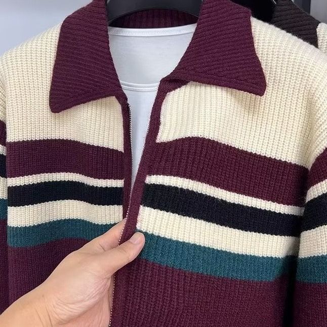 Herenkleding Hoge kwaliteit! Retro twist gestreept trui vest heren herfst en winter losse revers trui met lange mouwen_voghion.com