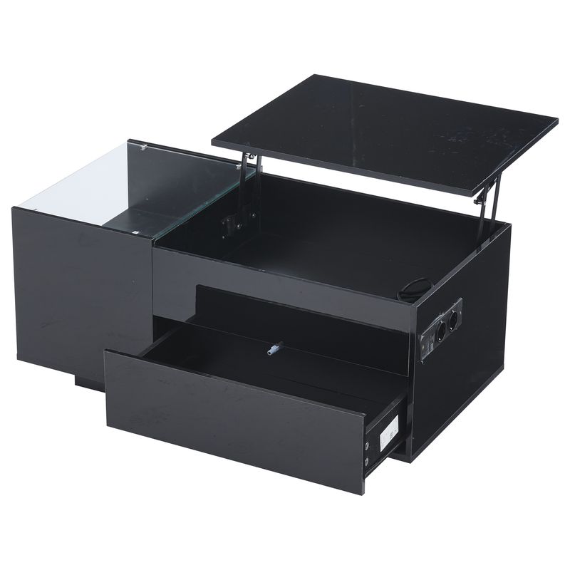 Table basse réglable en hauteur 95 x 48 x 42 cm avec rangement dissimulé, éclairage LED, tiroir et prise de courant - Table d'appoint de salon noire_voghion.com