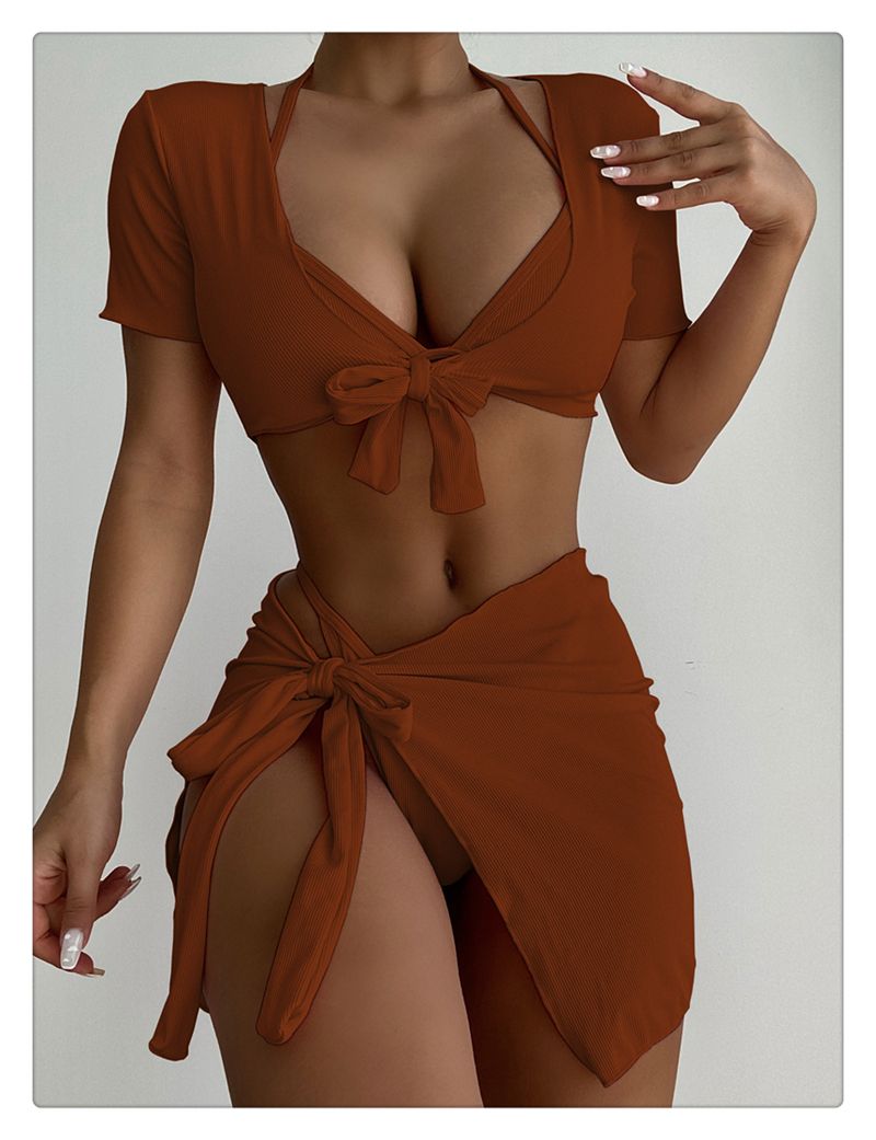 Nieuwe bikini vleesbedekking en dun vierdelig badpak Badpak Dames effen kleur meerdelig badpak_voghion.com
