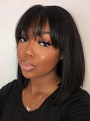 Brazilian Short Straight Hair Bob Wigs Human Hair Wig With Bangs Remy Full Machine Made Wig for Women Non Lace Glueless Bob Wig_voghion.com