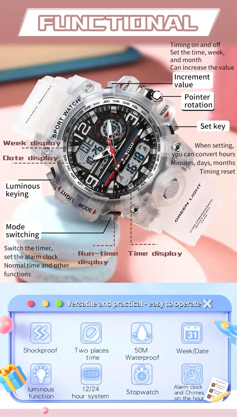 SANDA 3353 Sports Waterproof Electronic Shockproof LED Dual Display Lady Quartz Wristwatches Digital Watch For Boy Girl Children_voghion.com