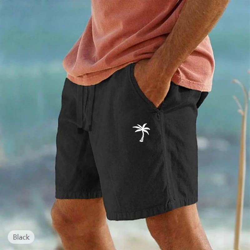 Pantaloncini in cotone e lino con stampa cocco, coulisse, elastico in vita, tinta unita, traspiranti, pantaloni casual da spiaggia a cinque punti_voghion.com