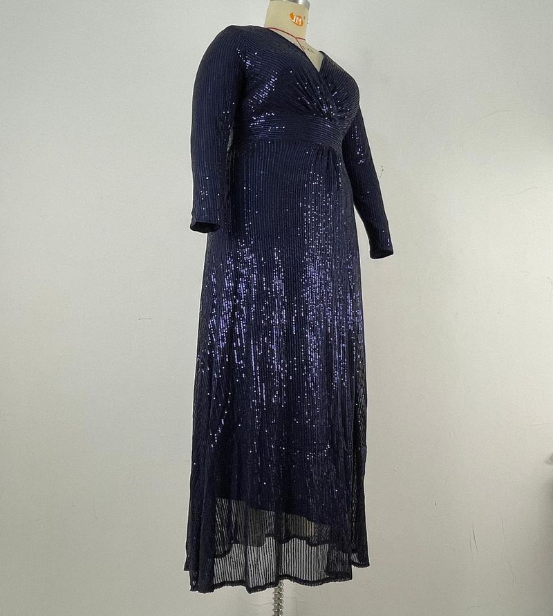 Elegant Plus Size Evening Gown With Sequins - V-Neck Long Sleeve Formal Dress For Wedding, Banquet & Special Occasions (Blue/Black/Wine Red, 0XL-5XL)_voghion.com