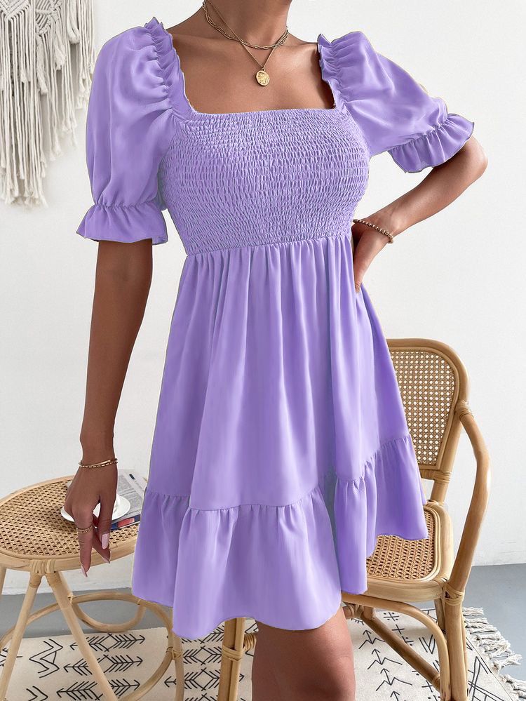 Square Collar Ruffled Short Sleeve High Waist Tight Fit Commuter Dress_voghion.com