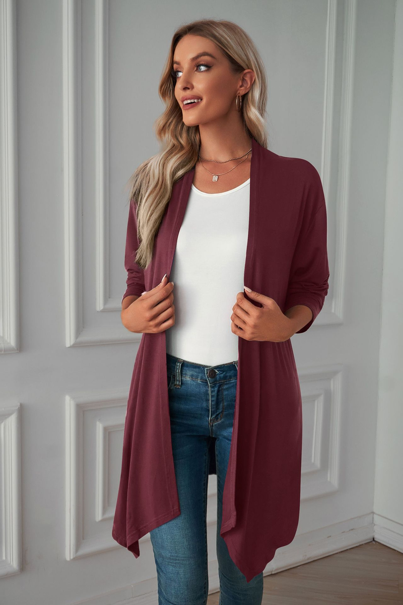 Damen-Strickjacke, einfarbig, langärmelig, Mantel, langes, lässiges Oberteil_voghion.com