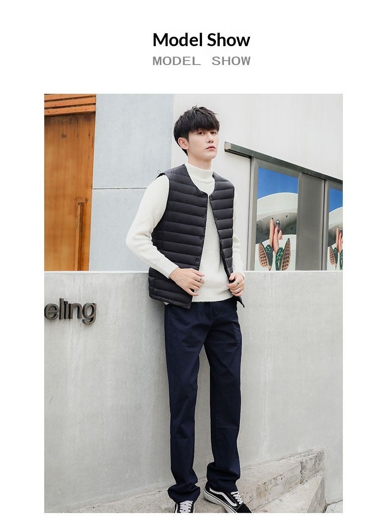 Gilet sans manches léger en duvet pour homme Cove Wholesale, gilet d'extérieur, grandes tailles, sans col, col rond, court, ultra-fin_voghion.com