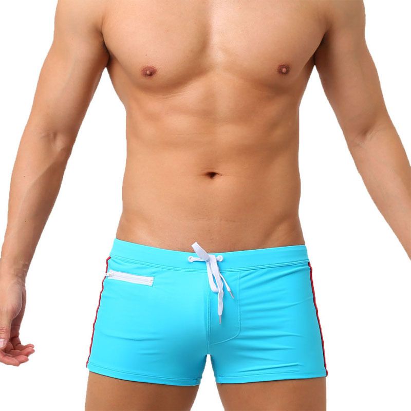Men's Low-Rise Swim Shorts - Solid Color Contrast Panels With Adjustable Drawstring & Secure Zip (Quick-Dry UPF 50+ & Anti-Slip)_voghion.com