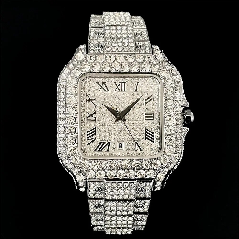 2023 Nieuwe Iced Horloge Herenmode Merk MISSFOX Automatische Datum Roestvrijstalen Klok Hip Hop Diamant Vierkant Goud_voghion.com