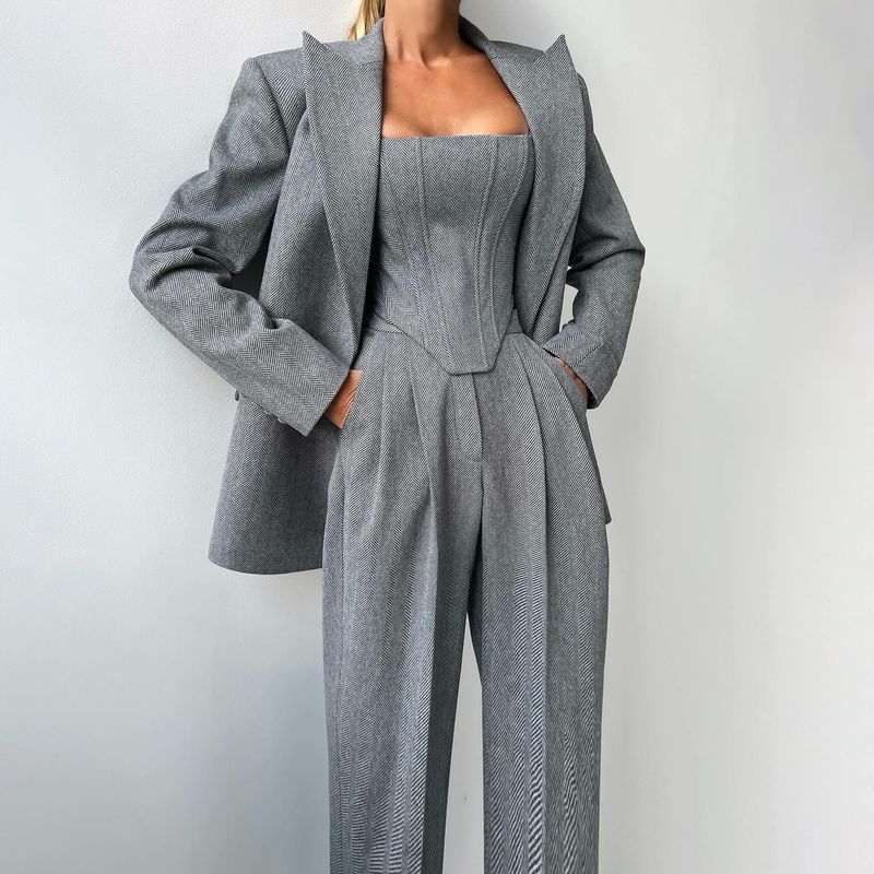 Completo elegante da donna professionale con struttura a stecche - Completo pantalone in misto cotone elasticizzato per l'ufficio primaverile (grigio/rosso)_voghion.com