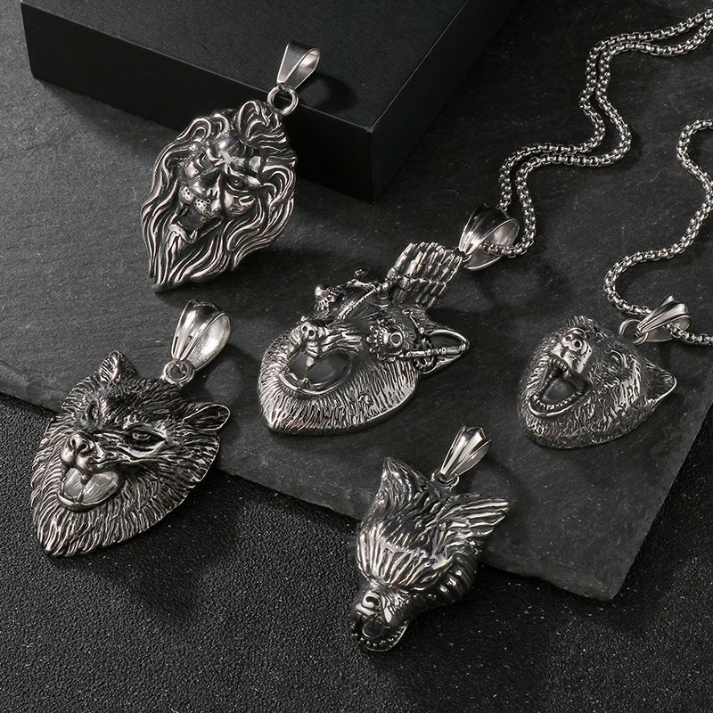 Collana antica a forma di animale da uomo, stile punk, con ciondolo a forma di testa di leone, testa di lupo, volpe, acciaio al titanio_voghion.com