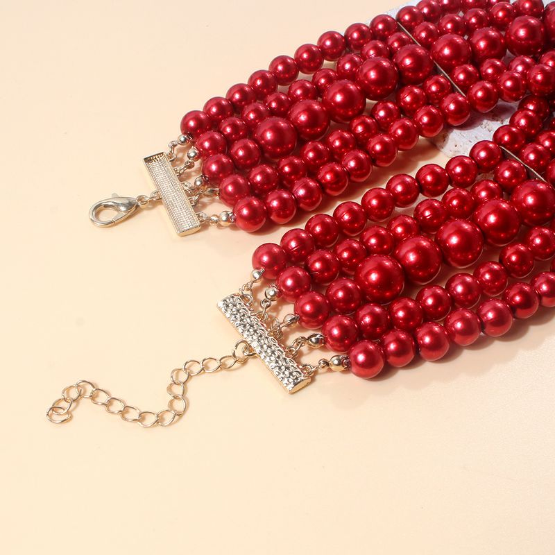 Conjunto de collar y accesorios para mujer con collar multicapa de perlas cortas_voghion.com