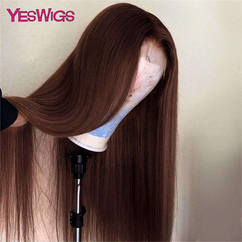 hot selling 13x6 Chocolate Brown Colored Front Human Hair HD Transparent Straight 360 Full Lace Frontal Wigs For Women Glueless_voghion.com