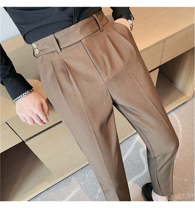 Pantaloni napoletani da uomo nuovi di zecca, in twill strutturato, con vita a pieghe, design casual a nove punte, vita media e alta_voghion.com