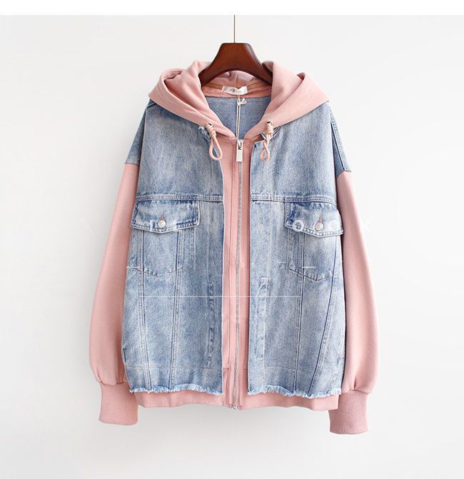 Plus Size Denim Jacket For Women – Oversized Hooded Baseball Style, Comfort Fit (L-4XL, Pink/White)_voghion.com