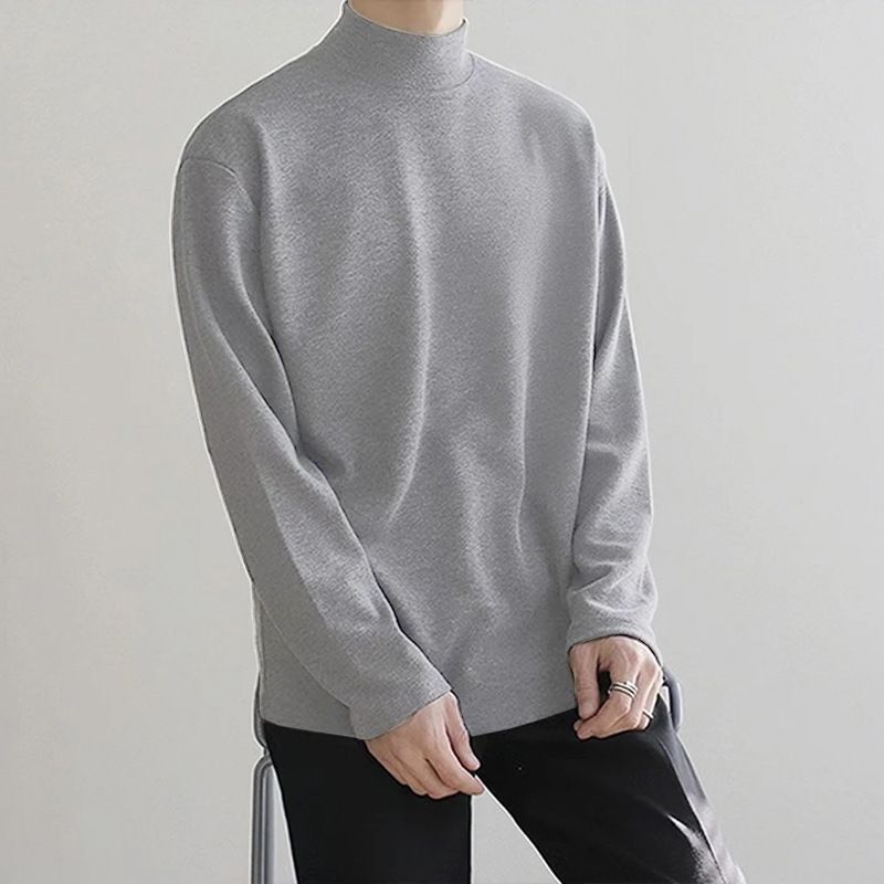T-shirt décontracté à manches longues et col montant pour homme, style coréen, couleur unie, printemps et automne_voghion.com