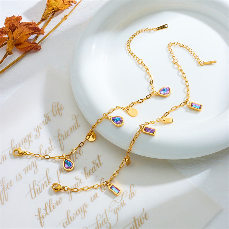 Bracelet en acier et titane avec pendentif en forme de larme en verre coloré, style européen et américain_voghion.com