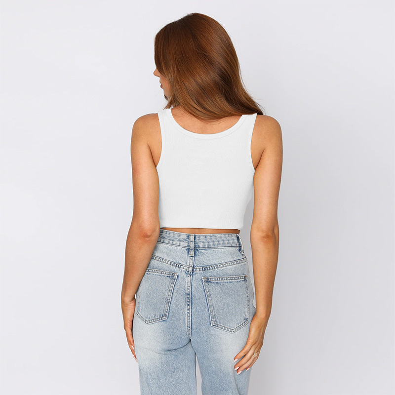 Women's short navel exposed Slim Sleeveless Top Cotton Ribbed Casual U Neck Button Tank Top_voghion.com