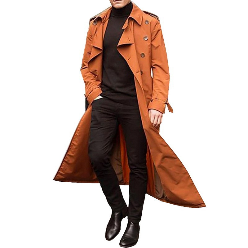 Langer Trenchcoat für Herren – Slim Fit Zweireihige Jacke mit Gürtel (S-XXL, Schwarz/Orange/Grün/Khaki)_voghion.com