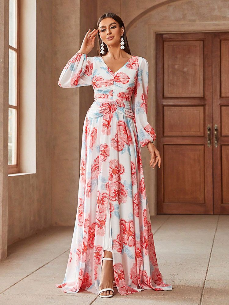 Floral Chiffon Maxi Dress With V-Neck & Lantern Sleeves – A-Line High Waist Evening Gown For Beach Vacation, Date Night_voghion.com