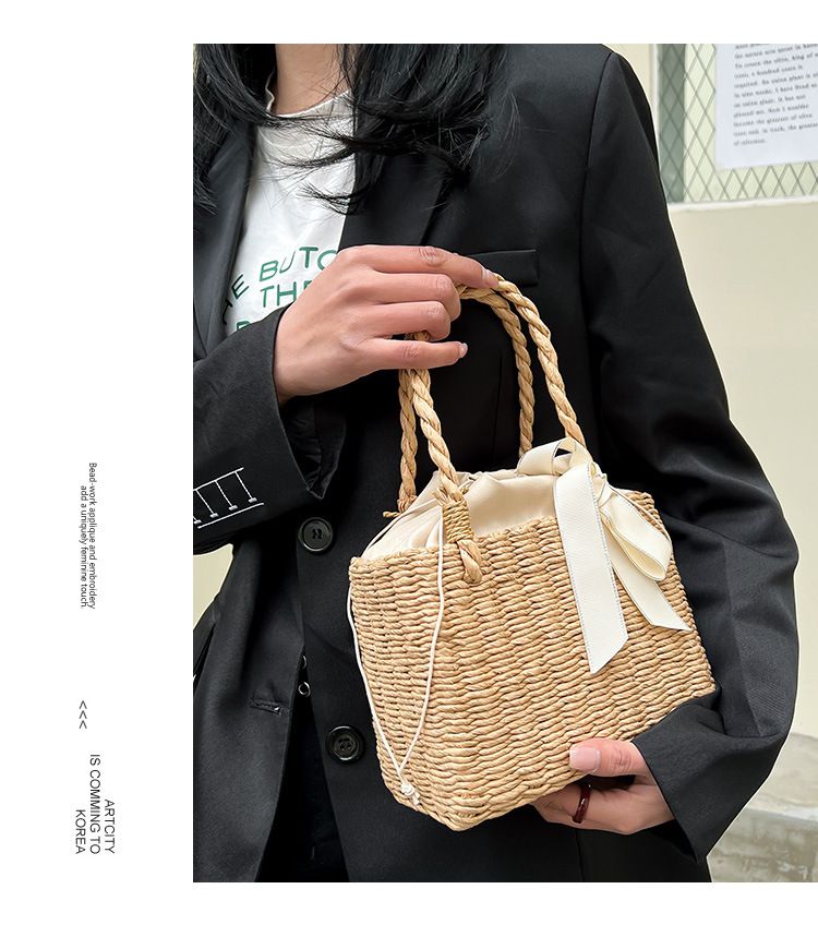Women's Shoulder Bags Simple Hand-held Woven Bag, Handbag, Bow Tie Storage Basket, Woven Storage, Small Square Bag_voghion.com