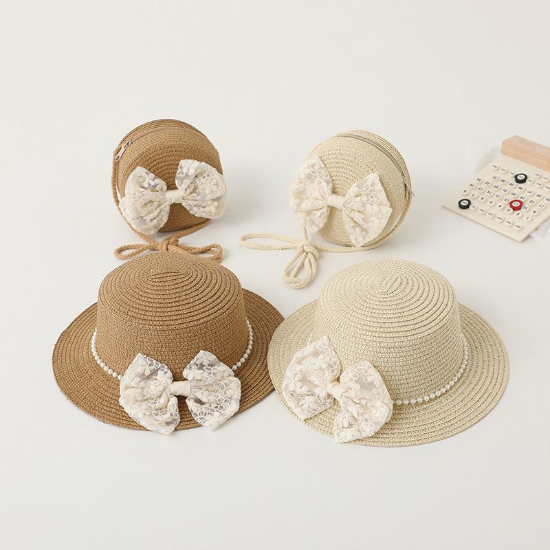 Nei Arrivée 2 Stéck/Set Kleng Meedercher Summer Handgewebt Hutt A Schëller Crossbody Tasch Kanner Puppelchen Prinzessin Schleif Strand Stréi Sonnekapp_voghion.com