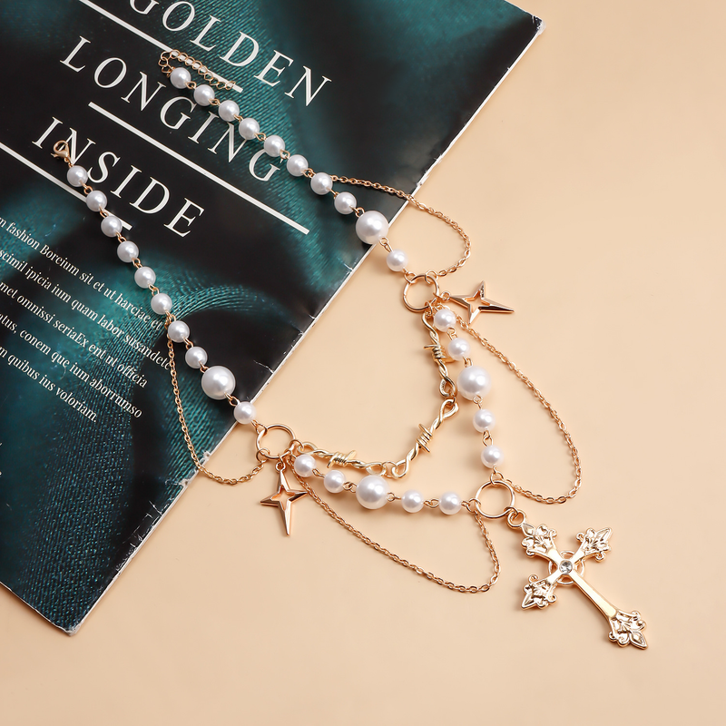 Kruis hanger parelketting gotische ster kwast choker hart kruisbeeld ketting zilveren kralen sieraden voor vrouwen en meisjes_voghion.com