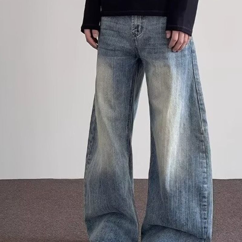 Jeans bootcut dritti blu chiaro vintage da uomo - Stile High Street Cleanfit con cotone di bambù e dettagli consumati_voghion.com