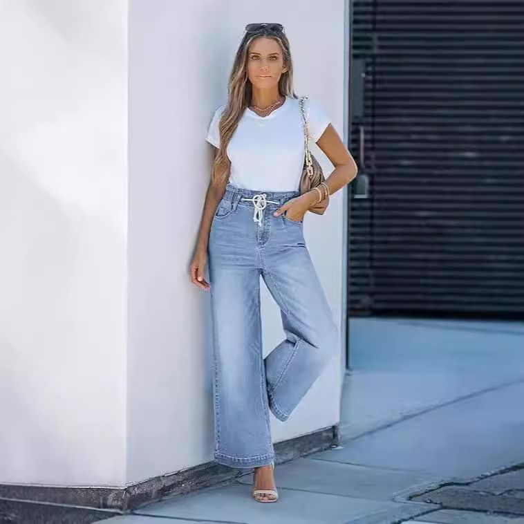 Abbigliamento da donna, jeans a gamba larga, vita alta elasticizzata, pantaloni svasati, pantaloni larghi Y2K_voghion.com