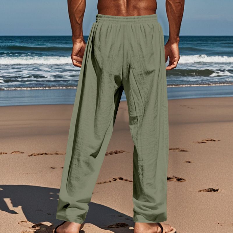 Pantaloni da spiaggia primaverili e autunnali da uomo, in cotone e lino, tinta unita, larghi, con coulisse e bottoni, casual, da uomo_voghion.com