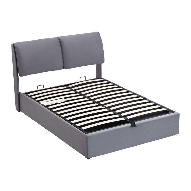Cadre de lit coffre hydraulique rembourré en velours avec 3 tiroirs, sommier à lattes, tête de lit, 140 x 200 cm, gris, matelas non inclus_voghion.com