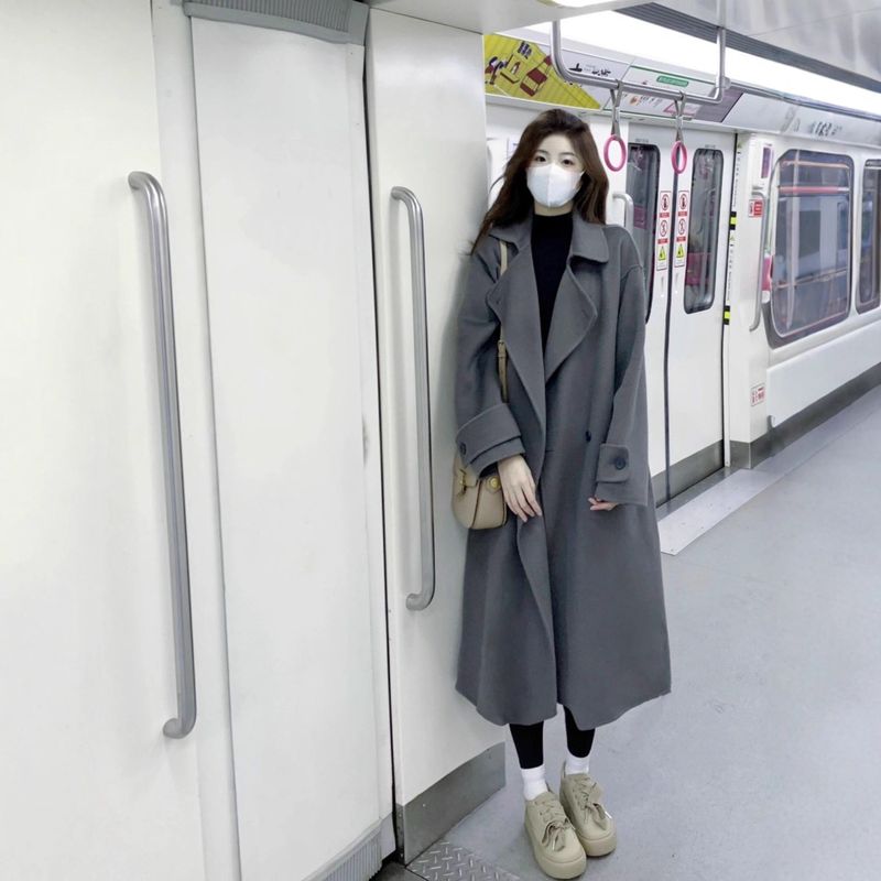 Cappotto in lana cashmere double face grigio da donna, lunghezza media, nuovo stile autunno inverno 2025, sensazione di alta qualità, lana piccola_voghion.com