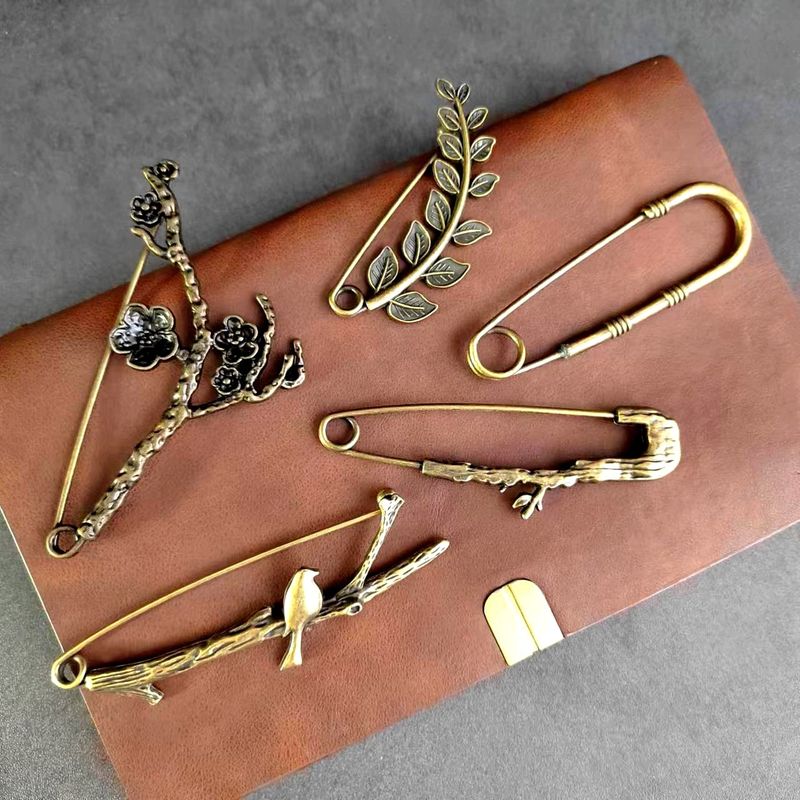 JM Bronzo Antico Elettrolitico Motivo Piuma Fiore Ramo Uccello Foglia Spilla Artistica Grande Accessorio_voghion.com