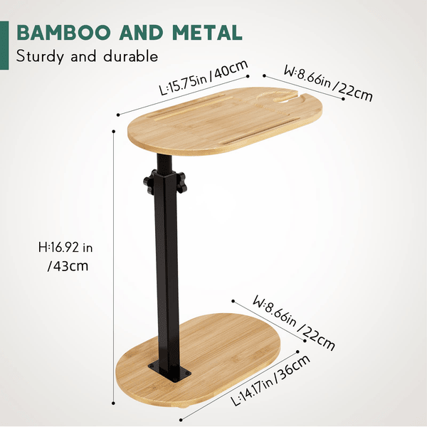 Bamboo Bathtub Tray Table Bath Side Table With Metal Base Adjustable Height, Portable Freestanding Caddy Tray Tub Shelf For Luxury Bath Home Spa Nat_voghion.com