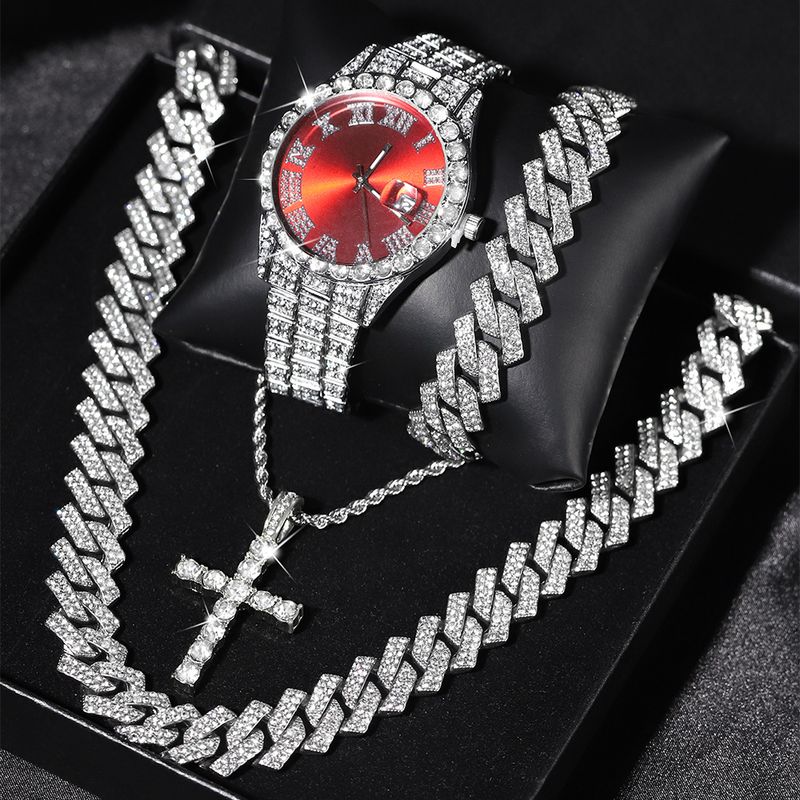 Conjunto de relógio + pulseira + colar com caixa de presente, pingente de cruz e corrente cubana, estilo hip hop, em promoção_voghion.com