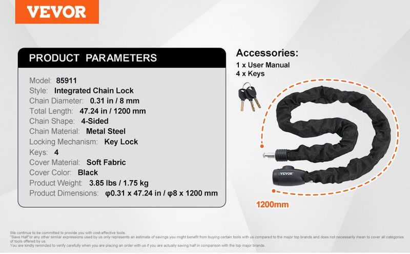 VEVOR Bike Chain Lock 47.24FT Heavy Duty Bike Lock Anti-Theft Bicycle Chain Lock 8mm Thicker Bicycle Lock Chain With 4 Keys For E-Bike, Motorcycle_voghion.com