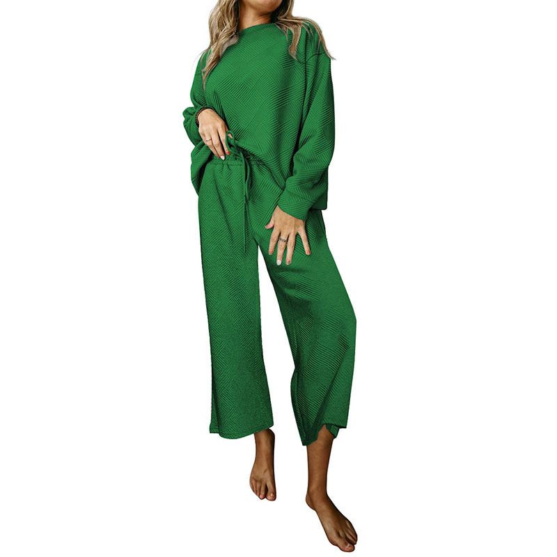 Terno casual solto simples de cor sólida, outono inverno, novo, texturizado, com cordão, roupa esportiva para mulheres, 2025_voghion.com