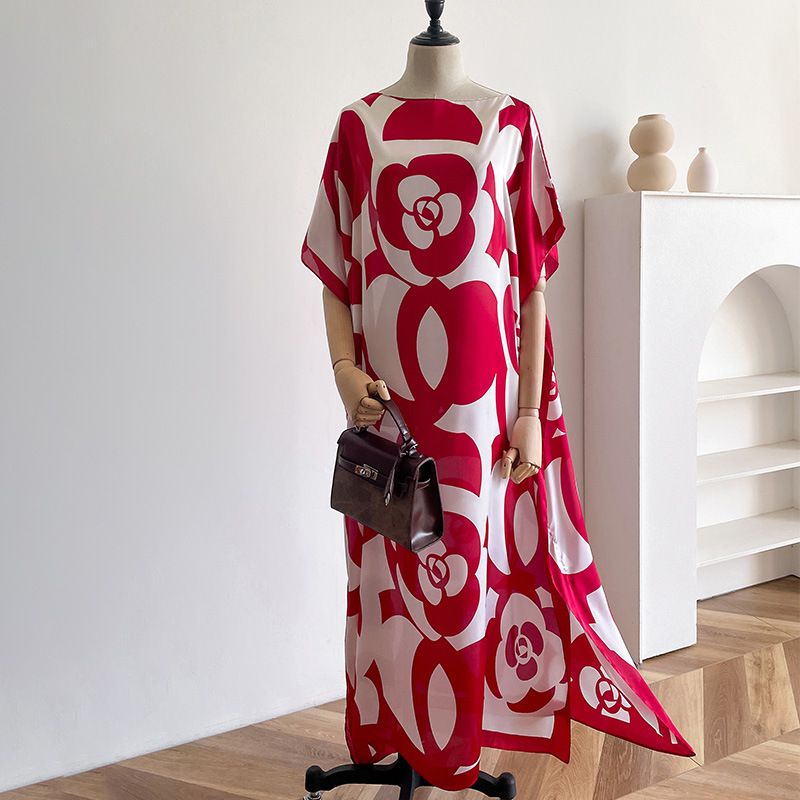 Sommer neues lockeres langes Kleid, schlicht und lang, Brokat, Sonnenschutztemperament, Seidenschal, Strandurlaubsstil, Reisen_voghion.com