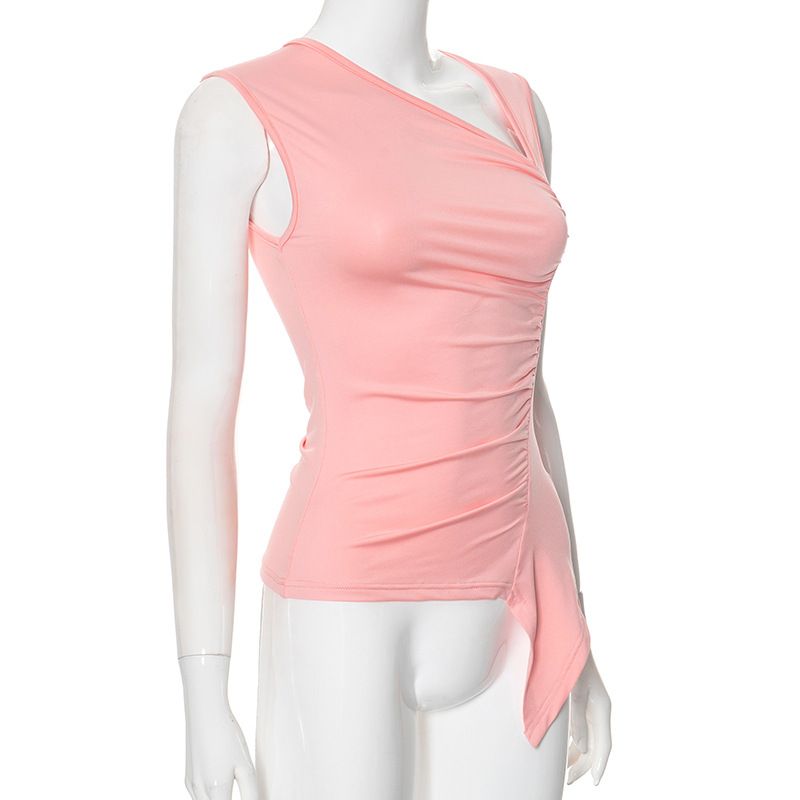 Q24TP352 Women's Summer New Item Solid Color Sleeveless Irregular Sexy Pleated T-shirt Top_voghion.com