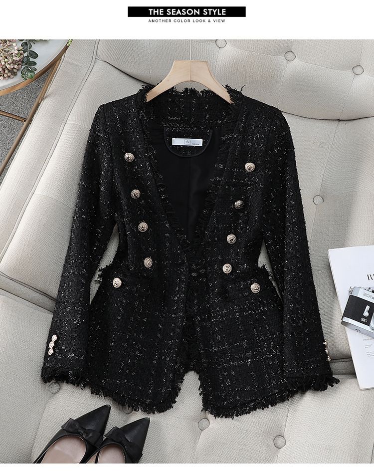 Giacca blazer in tweed da donna, giacca da abito corta slim fit chic per l'autunno, blazer bouclé elegante e versatile per l'ufficio e l'abbigliamento casual_voghion.com